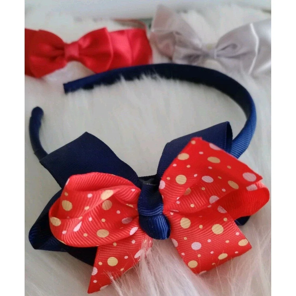 SET OF THREE GIRLS WOMEN LADIES HEADBANDS Red Polka Dot Silver & Red Satin NWOT